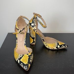 Aldo yellow and black snakeskin pattern ankle strap heels
